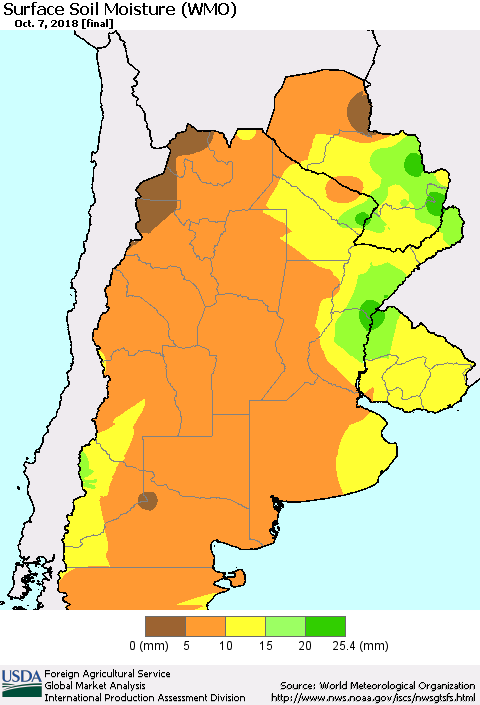 Southern South America Surface Soil Moisture (WMO) Thematic Map For 10/1/2018 - 10/7/2018