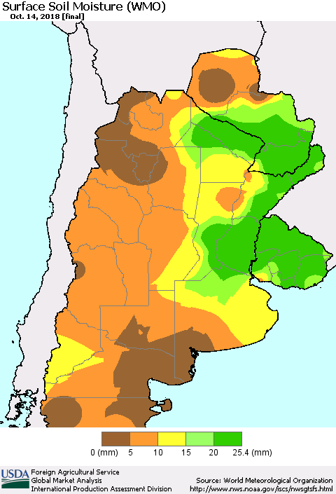 Southern South America Surface Soil Moisture (WMO) Thematic Map For 10/8/2018 - 10/14/2018