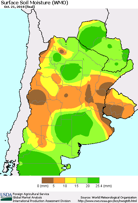 Southern South America Surface Soil Moisture (WMO) Thematic Map For 10/15/2018 - 10/21/2018