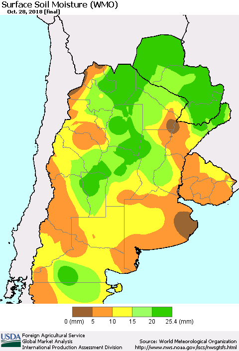 Southern South America Surface Soil Moisture (WMO) Thematic Map For 10/22/2018 - 10/28/2018