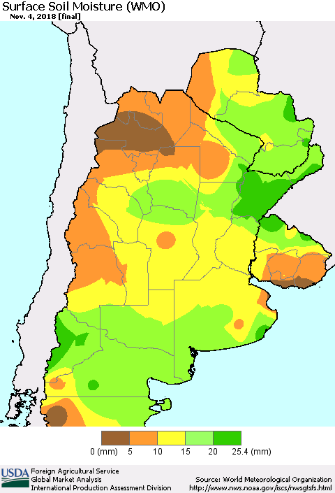 Southern South America Surface Soil Moisture (WMO) Thematic Map For 10/29/2018 - 11/4/2018