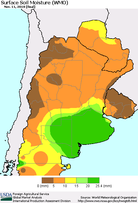 Southern South America Surface Soil Moisture (WMO) Thematic Map For 11/5/2018 - 11/11/2018