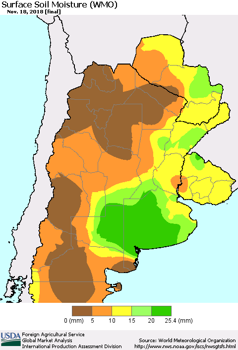 Southern South America Surface Soil Moisture (WMO) Thematic Map For 11/12/2018 - 11/18/2018