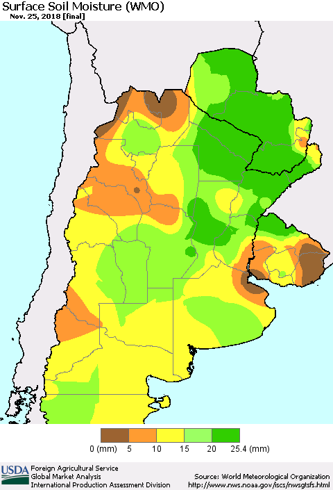 Southern South America Surface Soil Moisture (WMO) Thematic Map For 11/19/2018 - 11/25/2018