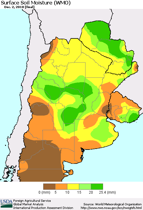 Southern South America Surface Soil Moisture (WMO) Thematic Map For 11/26/2018 - 12/2/2018