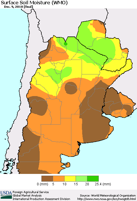 Southern South America Surface Soil Moisture (WMO) Thematic Map For 12/3/2018 - 12/9/2018
