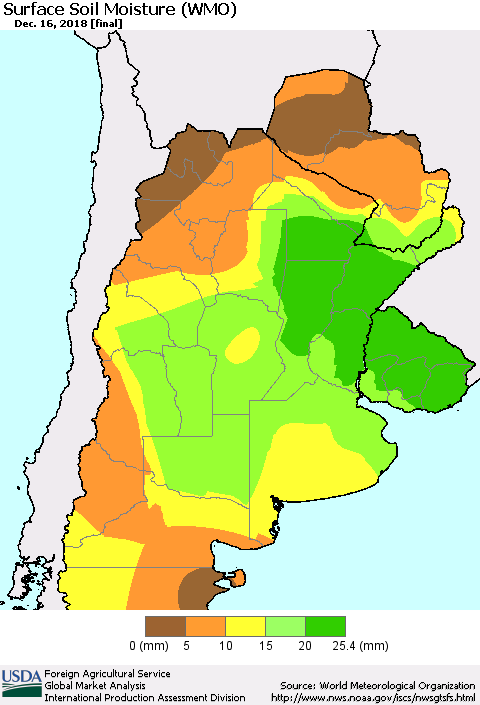 Southern South America Surface Soil Moisture (WMO) Thematic Map For 12/10/2018 - 12/16/2018