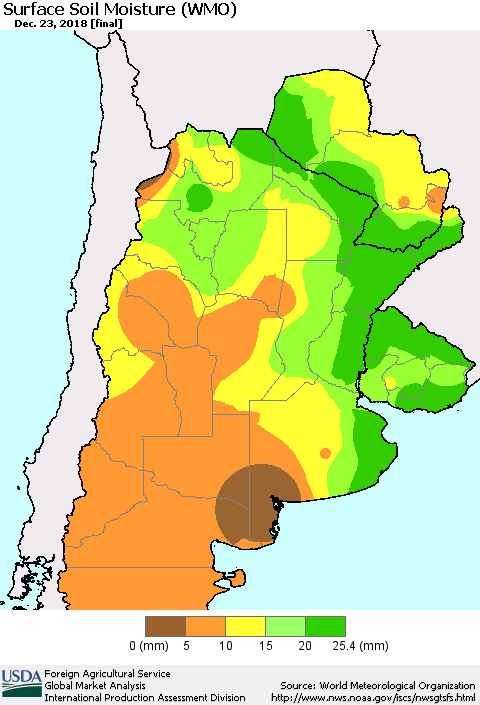 Southern South America Surface Soil Moisture (WMO) Thematic Map For 12/17/2018 - 12/23/2018