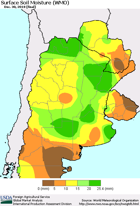 Southern South America Surface Soil Moisture (WMO) Thematic Map For 12/24/2018 - 12/30/2018
