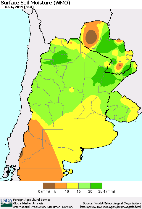 Southern South America Surface Soil Moisture (WMO) Thematic Map For 12/31/2018 - 1/6/2019