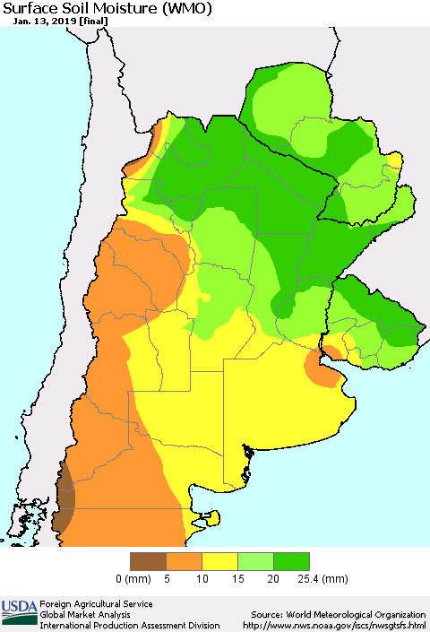 Southern South America Surface Soil Moisture (WMO) Thematic Map For 1/7/2019 - 1/13/2019