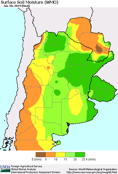 Southern South America Surface Soil Moisture (WMO) Thematic Map For 1/14/2019 - 1/20/2019