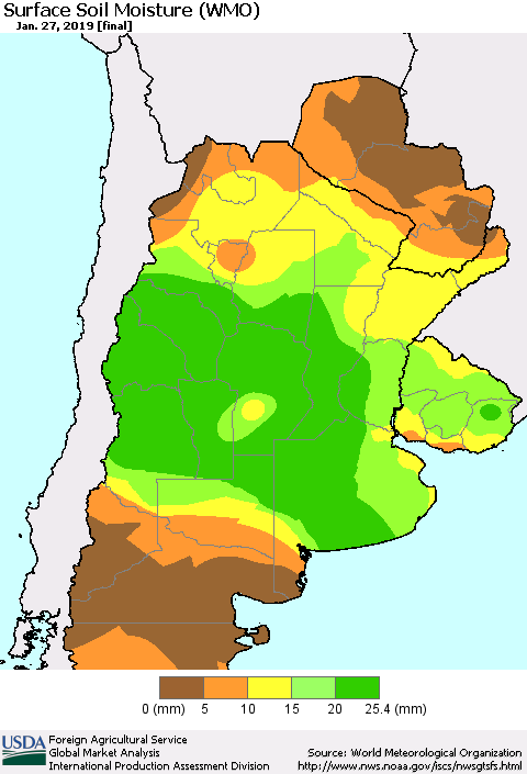 Southern South America Surface Soil Moisture (WMO) Thematic Map For 1/21/2019 - 1/27/2019