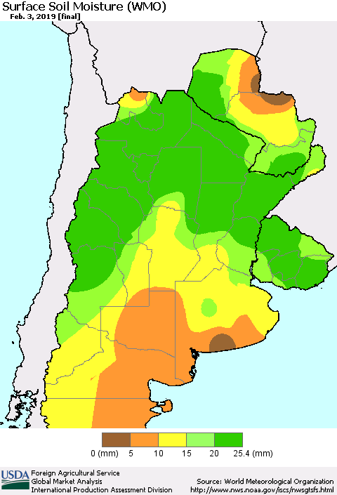 Southern South America Surface Soil Moisture (WMO) Thematic Map For 1/28/2019 - 2/3/2019