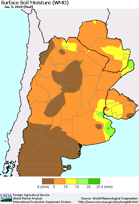Southern South America Surface Soil Moisture (WMO) Thematic Map For 12/30/2019 - 1/5/2020