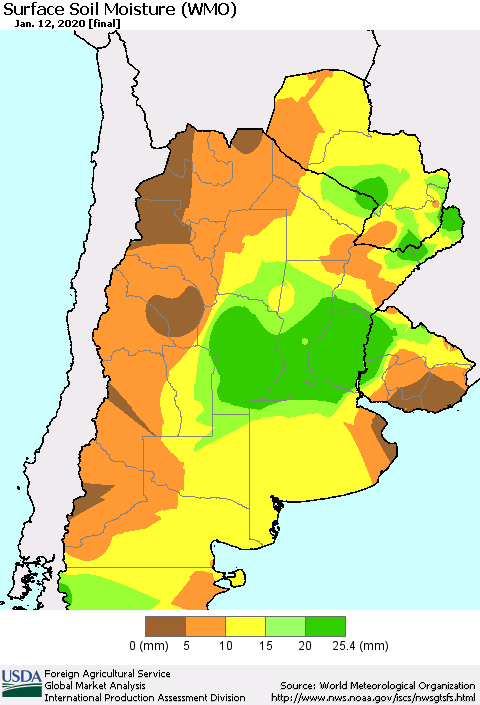 Southern South America Surface Soil Moisture (WMO) Thematic Map For 1/6/2020 - 1/12/2020