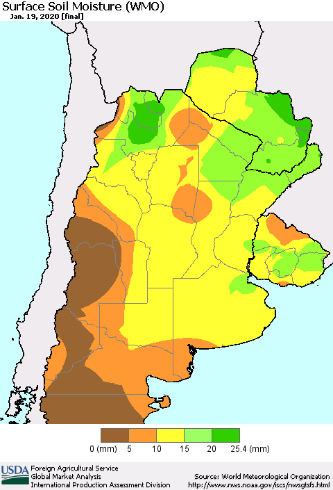Southern South America Surface Soil Moisture (WMO) Thematic Map For 1/13/2020 - 1/19/2020