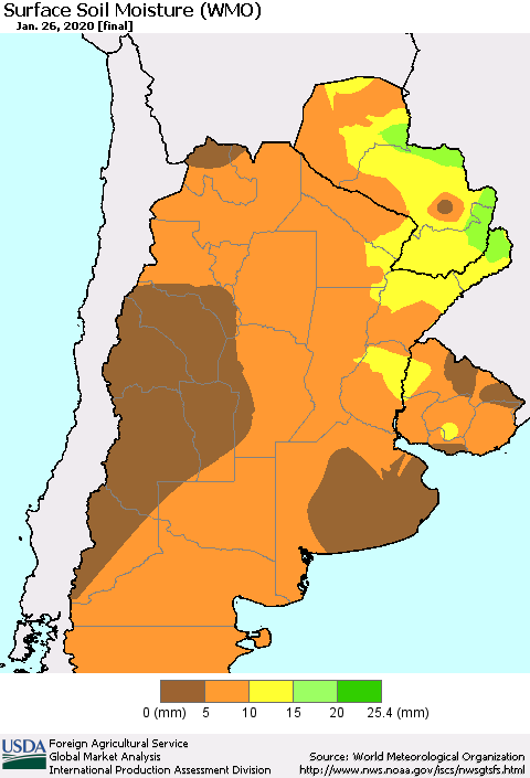 Southern South America Surface Soil Moisture (WMO) Thematic Map For 1/20/2020 - 1/26/2020