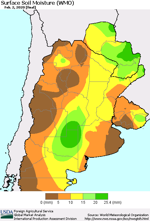 Southern South America Surface Soil Moisture (WMO) Thematic Map For 1/27/2020 - 2/2/2020