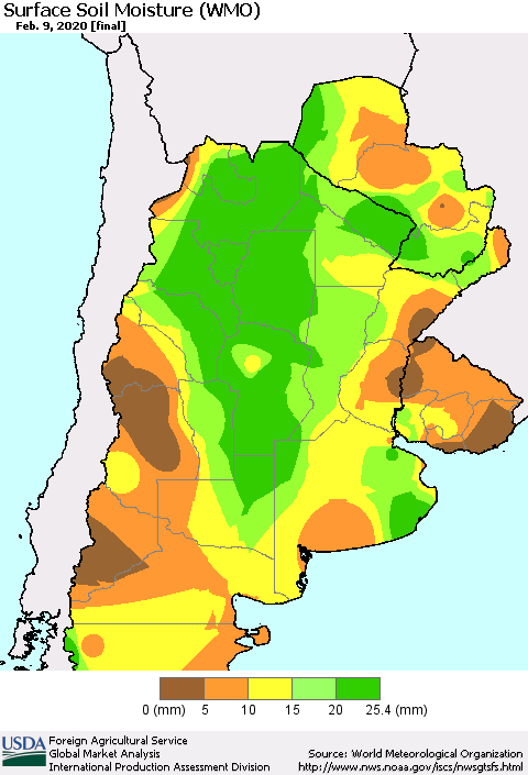 Southern South America Surface Soil Moisture (WMO) Thematic Map For 2/3/2020 - 2/9/2020