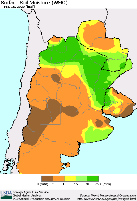 Southern South America Surface Soil Moisture (WMO) Thematic Map For 2/10/2020 - 2/16/2020