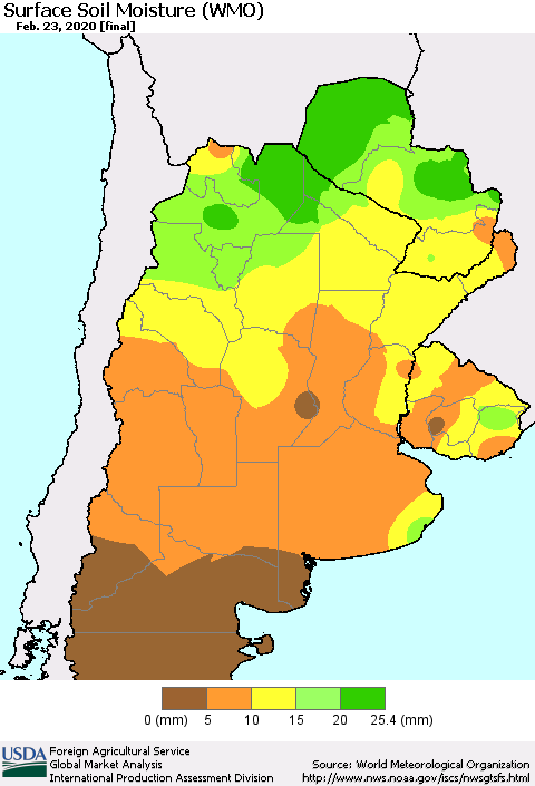 Southern South America Surface Soil Moisture (WMO) Thematic Map For 2/17/2020 - 2/23/2020