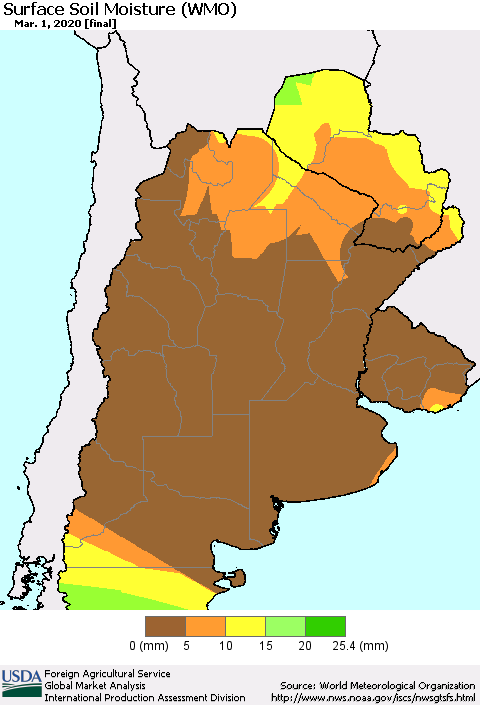 Southern South America Surface Soil Moisture (WMO) Thematic Map For 2/24/2020 - 3/1/2020
