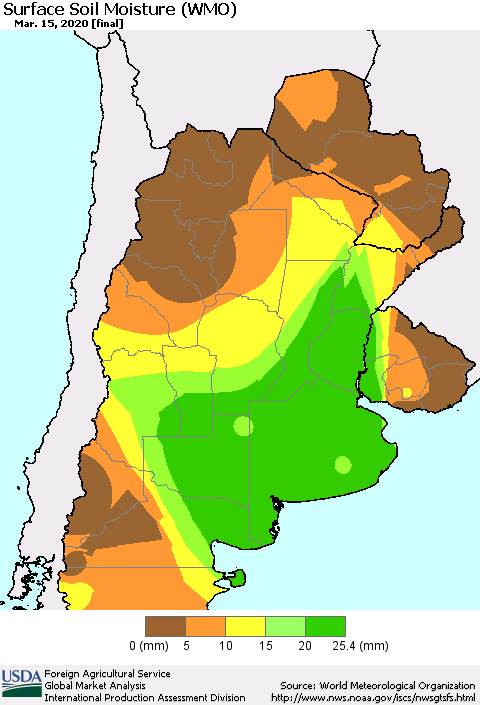 Southern South America Surface Soil Moisture (WMO) Thematic Map For 3/9/2020 - 3/15/2020