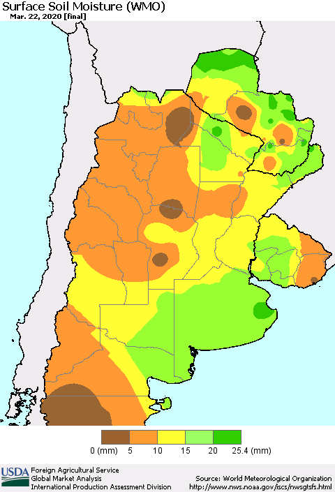 Southern South America Surface Soil Moisture (WMO) Thematic Map For 3/16/2020 - 3/22/2020