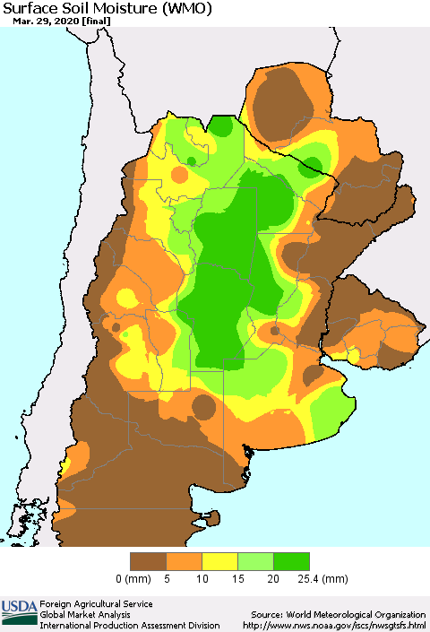 Southern South America Surface Soil Moisture (WMO) Thematic Map For 3/23/2020 - 3/29/2020