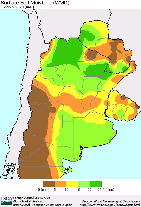 Southern South America Surface Soil Moisture (WMO) Thematic Map For 3/30/2020 - 4/5/2020