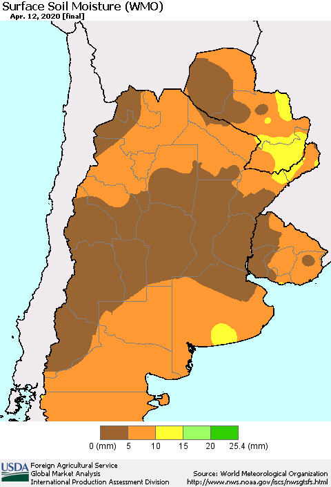 Southern South America Surface Soil Moisture (WMO) Thematic Map For 4/6/2020 - 4/12/2020