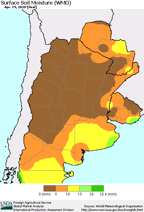 Southern South America Surface Soil Moisture (WMO) Thematic Map For 4/13/2020 - 4/19/2020