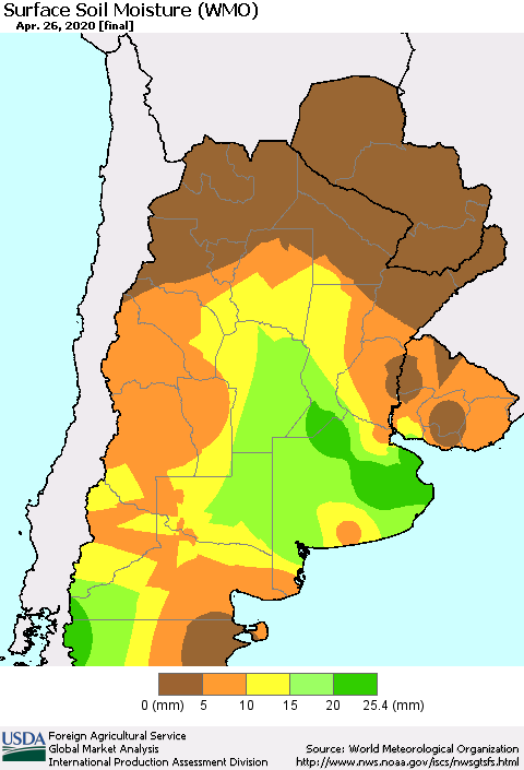 Southern South America Surface Soil Moisture (WMO) Thematic Map For 4/20/2020 - 4/26/2020