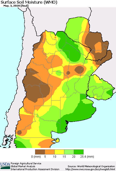Southern South America Surface Soil Moisture (WMO) Thematic Map For 4/27/2020 - 5/3/2020
