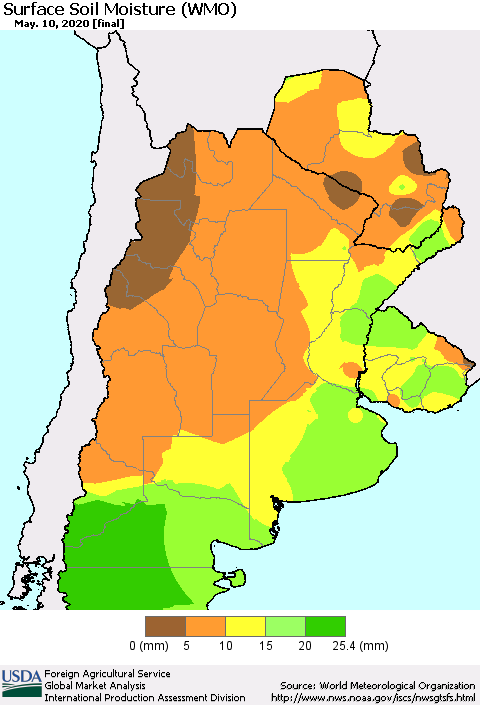 Southern South America Surface Soil Moisture (WMO) Thematic Map For 5/4/2020 - 5/10/2020