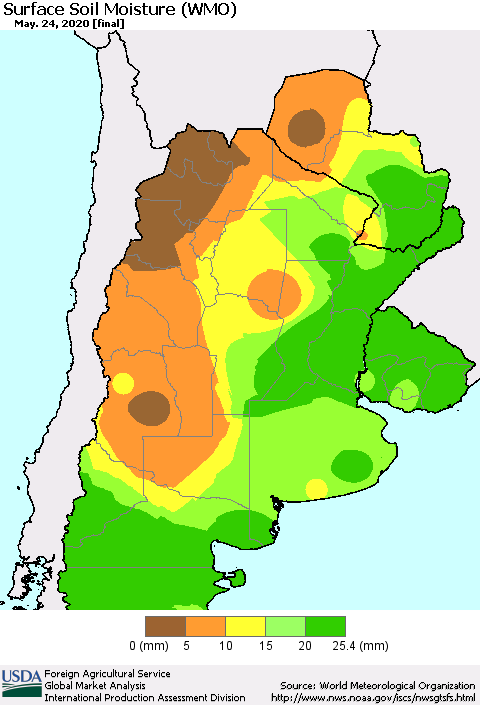 Southern South America Surface Soil Moisture (WMO) Thematic Map For 5/18/2020 - 5/24/2020