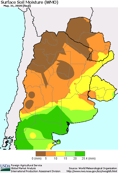 Southern South America Surface Soil Moisture (WMO) Thematic Map For 5/25/2020 - 5/31/2020
