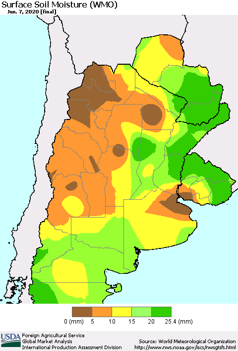 Southern South America Surface Soil Moisture (WMO) Thematic Map For 6/1/2020 - 6/7/2020