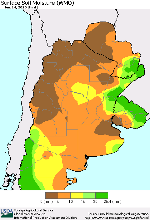 Southern South America Surface Soil Moisture (WMO) Thematic Map For 6/8/2020 - 6/14/2020