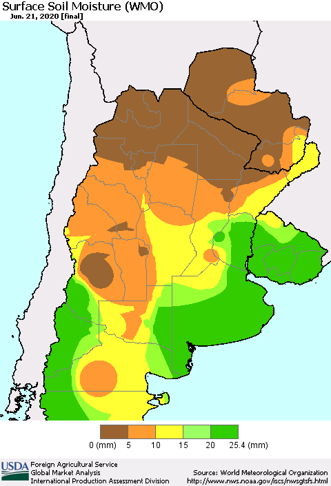 Southern South America Surface Soil Moisture (WMO) Thematic Map For 6/15/2020 - 6/21/2020