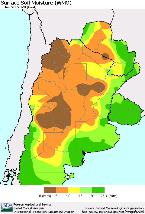 Southern South America Surface Soil Moisture (WMO) Thematic Map For 6/22/2020 - 6/28/2020