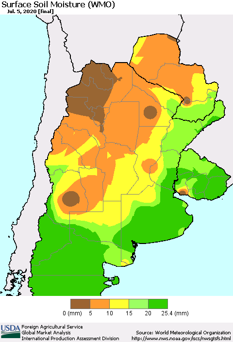 Southern South America Surface Soil Moisture (WMO) Thematic Map For 6/29/2020 - 7/5/2020
