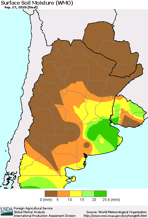 Southern South America Surface Soil Moisture (WMO) Thematic Map For 9/21/2020 - 9/27/2020