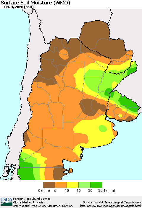 Southern South America Surface Soil Moisture (WMO) Thematic Map For 9/28/2020 - 10/4/2020