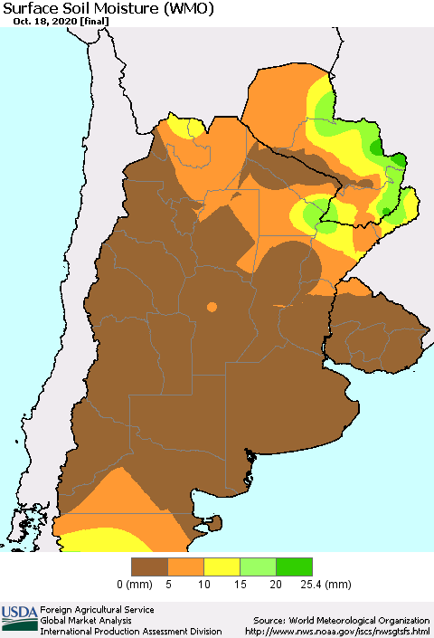 Southern South America Surface Soil Moisture (WMO) Thematic Map For 10/12/2020 - 10/18/2020