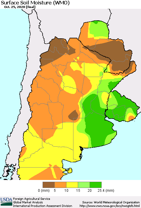 Southern South America Surface Soil Moisture (WMO) Thematic Map For 10/19/2020 - 10/25/2020