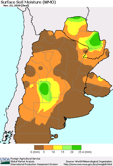 Southern South America Surface Soil Moisture (WMO) Thematic Map For 11/16/2020 - 11/22/2020