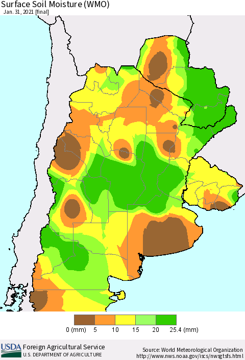 Southern South America Surface Soil Moisture (WMO) Thematic Map For 1/25/2021 - 1/31/2021