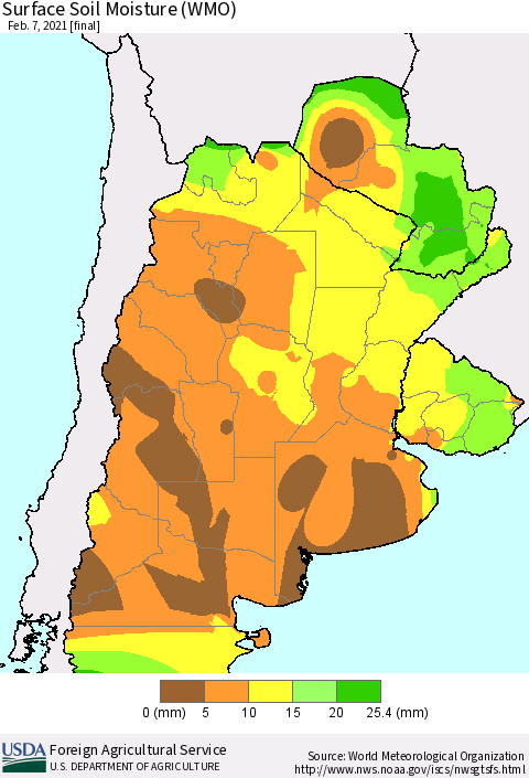 Southern South America Surface Soil Moisture (WMO) Thematic Map For 2/1/2021 - 2/7/2021